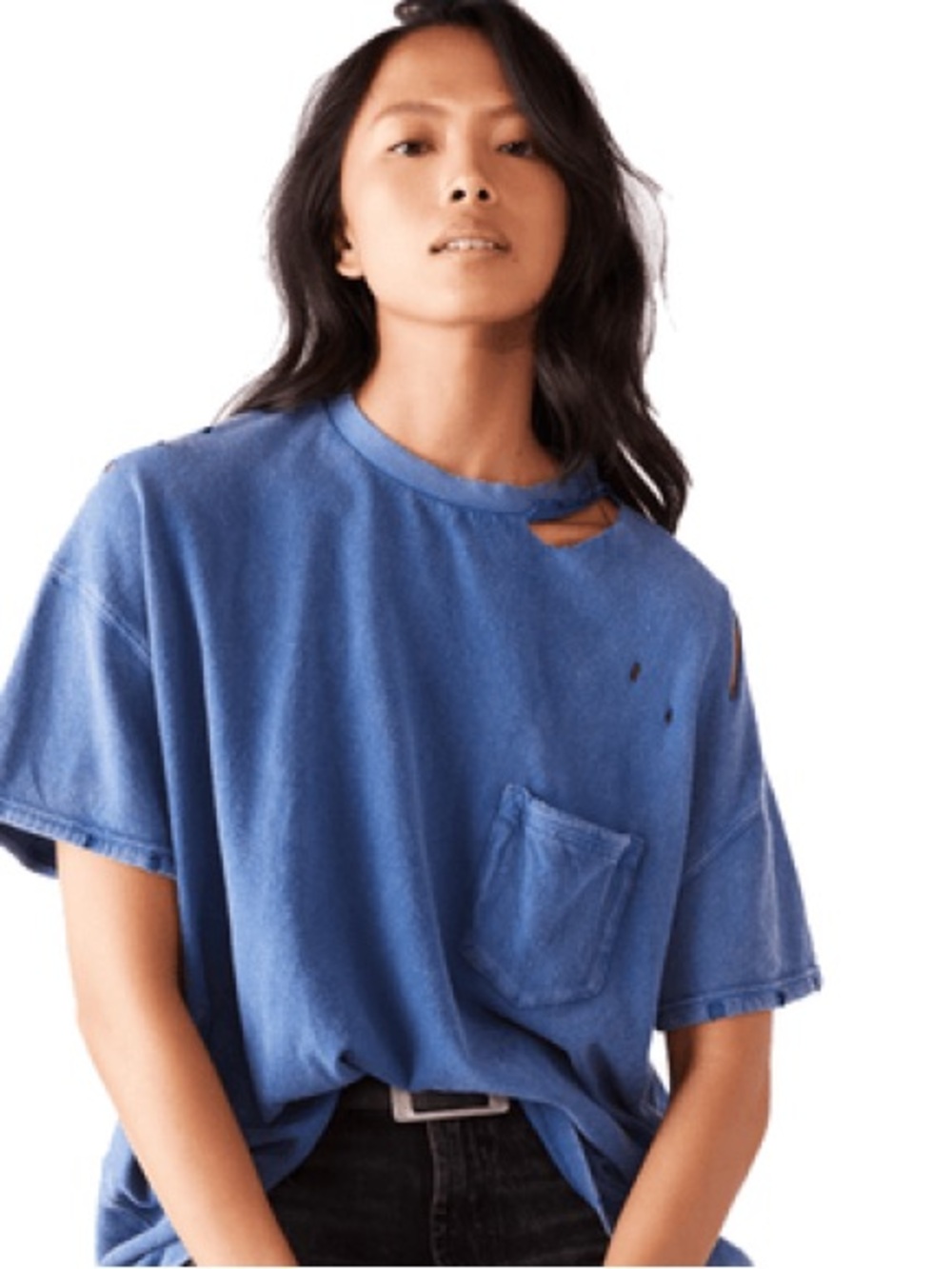 Free People Blue Distressed Short Sleeve Tee